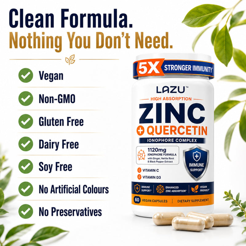 Lazu Zinc Supplements 5X Stronger Immunity, Quercetin, VIT C & D3, 60 Count | Advanced zinc supplement with quercetin, vitamin C and vitamin D3 to support daily immune health and wellness.