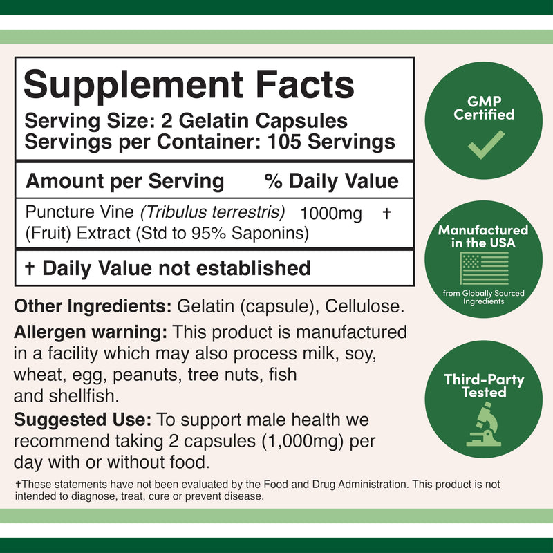 Tribulus Terrestris for Men (Purest 95% Saponin Content) 210 Capsules, 1,000mg Concentrated Fruit Extract (Third Party Tested, Vegan Safe, Non-GMO) for Stamina and Energy by Double Wood - BeesActive Australia