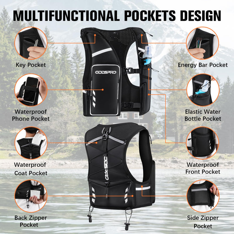 Running Vest for Women Men, Phone Pocket Running Hydration Vest with 500ML Soft Flask, Adjustable Chest Waist Straps, 10 Pockets Reflective Breathable Hydration Vest for Hiking, Biking, Marathon Medium - Large