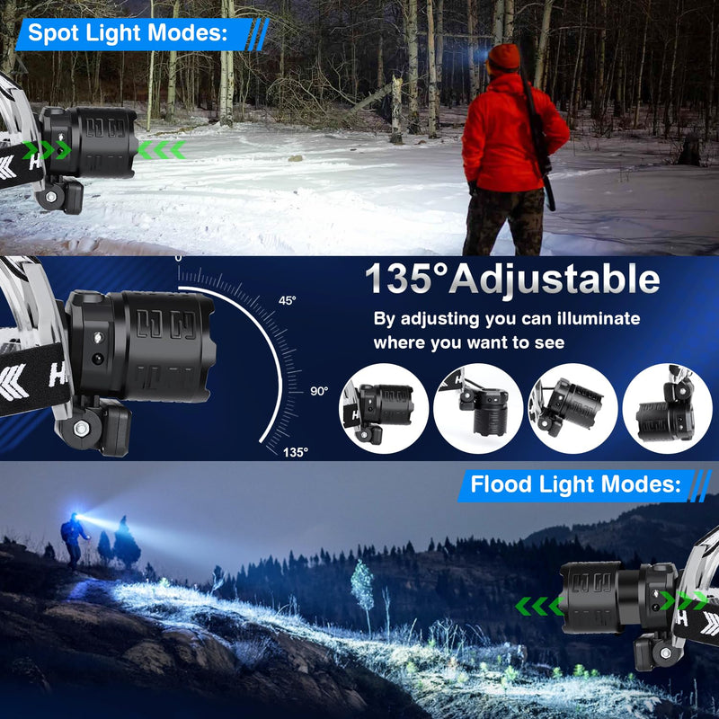 Bud K Rechargeable LED Headlamp, 1200 Lumens Super Bright Headlamp Flashlight with Motion Sensor, 8 Modes, 135°Adjustable, IPX7 Waterproof Head Lamp for Camping, Running, Climbing, Hiking Black