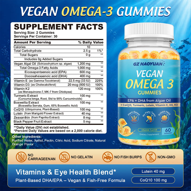 Vegan Omega 3 Gummies 1200mg for Adults Marine Algae Omega 3 Supplement EPA 600mg DHA 400mg, Vitamin D3, K2, No Fish Taste, for Brain, Eye, Immune Health, Sugar Free, 60 Cts Orange 60 Count (Pack of 1)