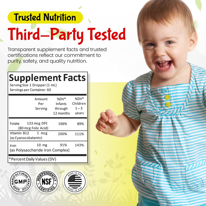 Baby Iron Liquid Drops with Vitamin B12 & Folate – Gentle Iron Support Supplement – 60 Daily Servings, Inulin Fortified Prebiotic Fiber – Sugar Free, Gluten Free, Vegetarian, 2oz