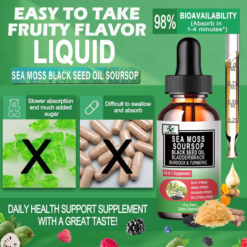 Sea Moss Black Seed Oil Soursop Liquid Drops with Bladderwrack Burdock Root Turmeric - Multimineral & Vitamins Superfood Drops Organic Non-GMO for Immune & Digestive & Cell Support Skin Hair