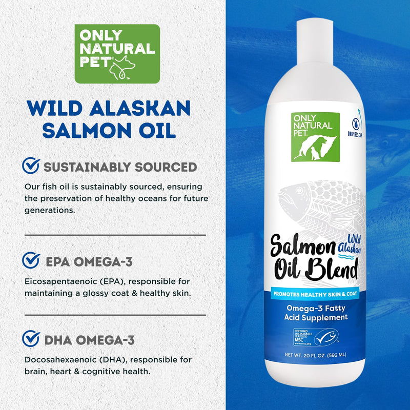 Only Natural Pet Wild Alaskan Salmon Oil for Dogs & Cats - Omega 3 & 6 Liquid Food Supplement for Pets - EPA & DHA Fish Oils, All Natural Joint Support, Promote Healthy Skin, Coat & Heart - 20 Fl Oz 20 Ounce (Pack of 1) - PawsPlanet Australia