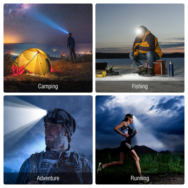 BORUIT RJ-3000 Rechargeabe LED Headlamp Super Bright with Red Light, 3 Modes Super Bright USB Head Lamp IPX4 Waterproof Headlight for Adults USB Outdoor Fishing Camping