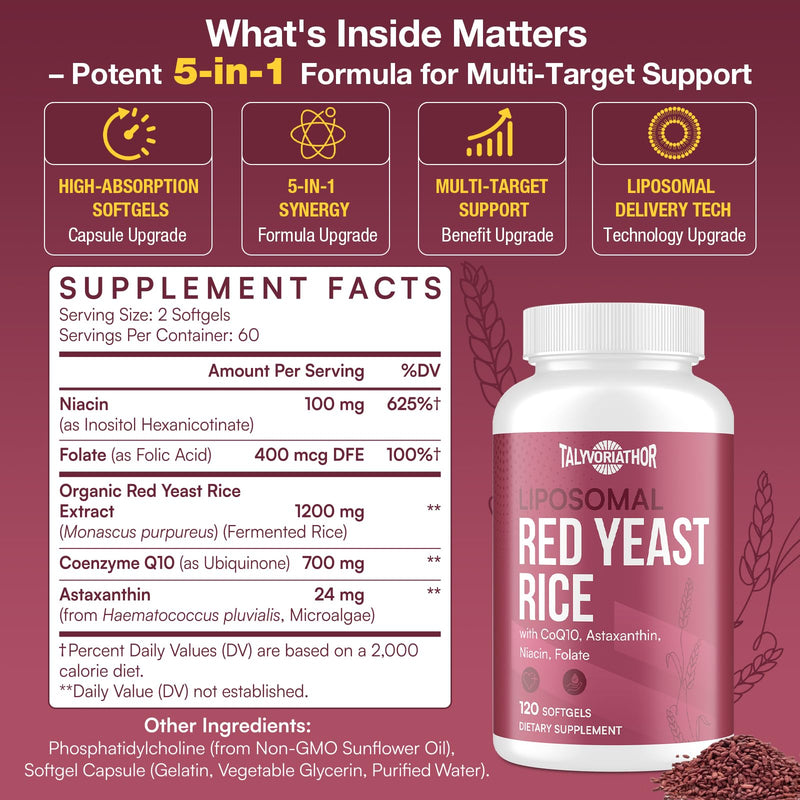 Liposomal Red Yeast Rice 1200mg with CoQ10 & Astaxanthin ‚Äì Extra Strength Cholesterol, Cardiovascular & Metabolic Support ‚Äì High Absorption ‚Äì Citrinin-Free, 120 Softgels 120 Count (Pack of 1) - BeesActive Australia