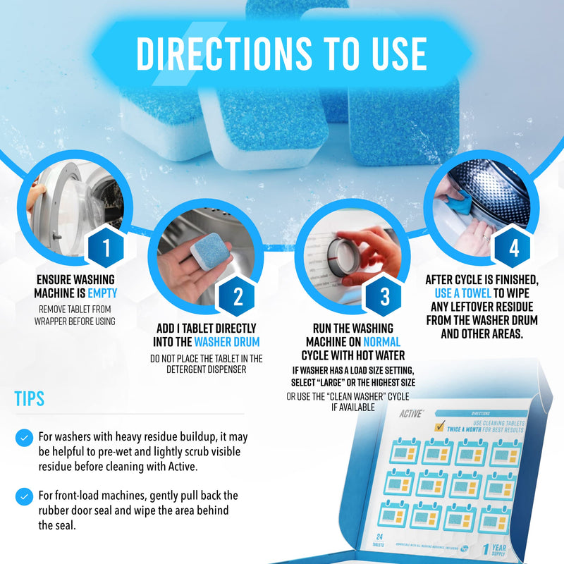Washing Machine Cleaner Descaler 24 Pack - Deep Cleaning Tablets For HE Front Loader & Top Load Washer, Septic Safe Eco-Friendly Deodorizer, Clean Inside Drum and Laundry Tub Seal - 12 Month Supply 24 Tablets - BeesActive Australia