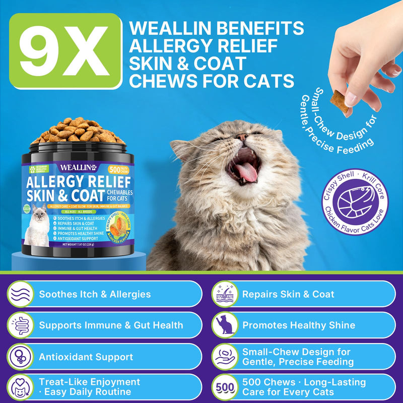 WEALLIN Taurine for Cats Vitamins Treats & Allergy Relief Chews for Cat Bundle, 2 x 500 Crunchy & Krill Core Chews for Heart Vision Immune Digestion Skin Coat & Itch Support
