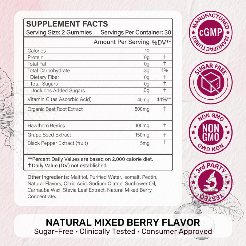 Organic Beet Root Gummies, Beet Chews for Nitric Oxide Support, 60 Count | Sugar-Free Beetroot Gummies with 21:1 Extract, Grape Seed & Black Pepper for Circulation, Heart and Energy; Vegan, Non-GMO 60 Count (Pack of 1)
