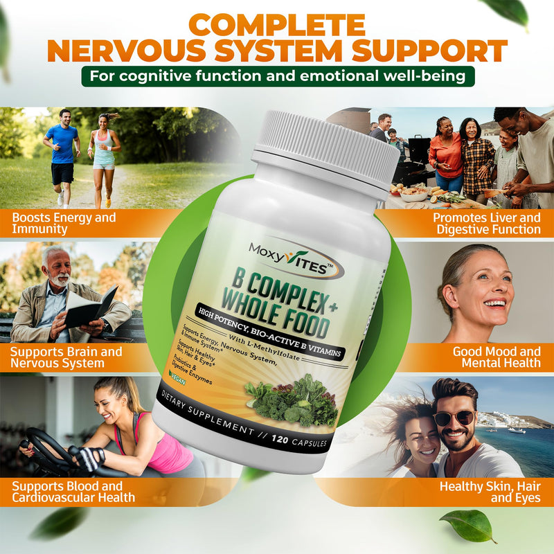 MoxyVites Vitamin B Complex - B Vitamins Whole Food Supplement, B12 Methylcobalamin, B1, B2, B3, B5, B6, B7, B9 - for Stress, Energy and Immune Support, Vegan, 120 Capsules 120 Count (Pack of 1)