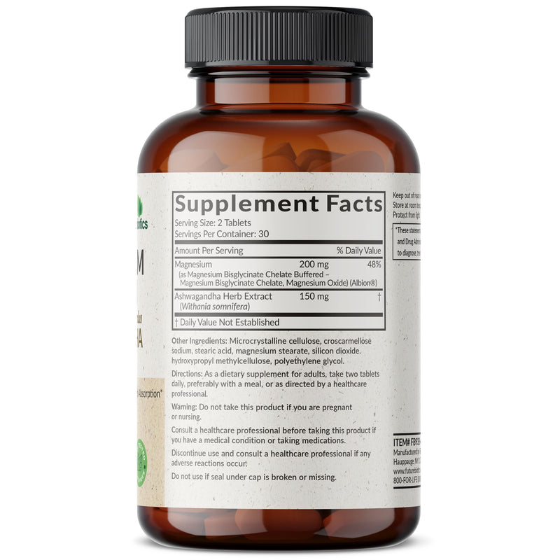 Futurebiotics Magnesium Glycinate + Ashwagandha, 60 Tablets | 2-in-1 Stress & Mood Support, High Absorption, Gentle On The Stomach, Non-GMO, Gluten Free, Soy Free 60 Count (Pack of 1)