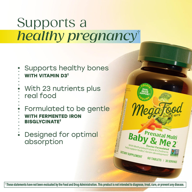 MegaFood Baby & Me 2 Prenatal Vitamins, Doctor Formulated, 120 Tablets | Prenatal Vitamins for Women with Methylfolate, Choline, Iron, Iodine, Vitamin C & D3, Non-GMO, Vegetarian, 60 Servings 120 Count (Pack of 1)