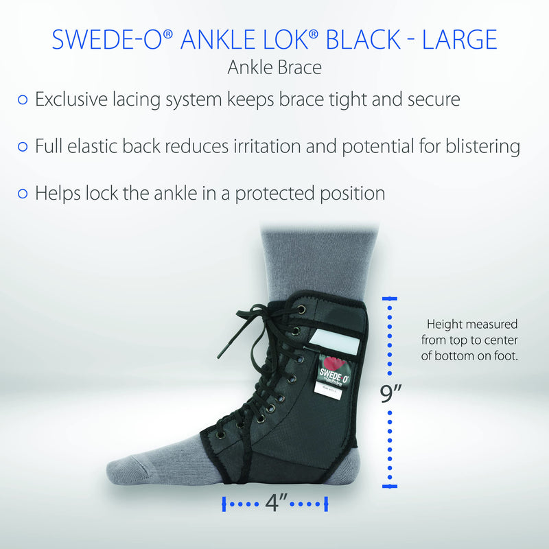 Swede-O Ankle Lok Reinforced Laced Ankle Brace with Stays, High Support for Sports, Black, Large Large (Pack of 1)