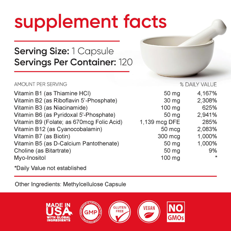 Mega B Complex with B12, Folate & Myo-Inositol | 120 Vegan Capsules | All 8 B vitamins plus myo-inositol and choline for energy, metabolism and nerve support