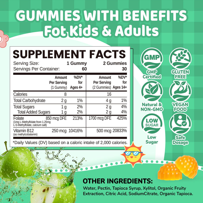 Methylfolate Gummies, L-Methylfolate & Methyl B12, Active Folate Supplement, Bioactive Vitamin B9 & Vitamin B12 Supplement, Gluten Free, Non-GMO, 120 Count