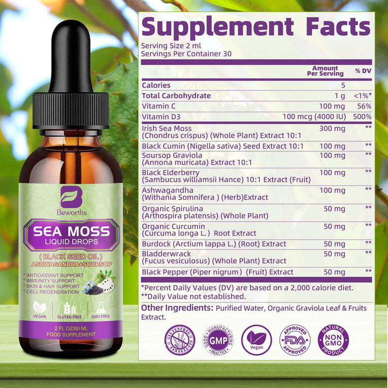 B BEWORTHS Sea Moss Liquid Drops with Black Seed Oil, Ashwagandha, Soursop | Multimineral irish Seamoss Supplement with Bladderwrack, Burdock Root for Immune, Energy, Hair & Digestion Wellness - Vegan Soursop bitters 2 Fl Oz (Pack of 1)