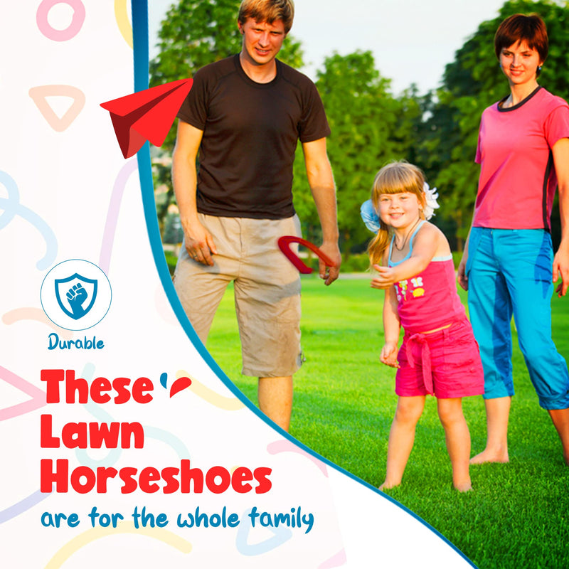 Lawn Horseshoes Game - Kids and Family Outdoor Backyard Horse Shoes Set Kit - STURDY Steel Spikes & Lightweight KID-SAFE Rubber Shoes (2 Spikes, 4 Horseshoes) - BeesActive Australia