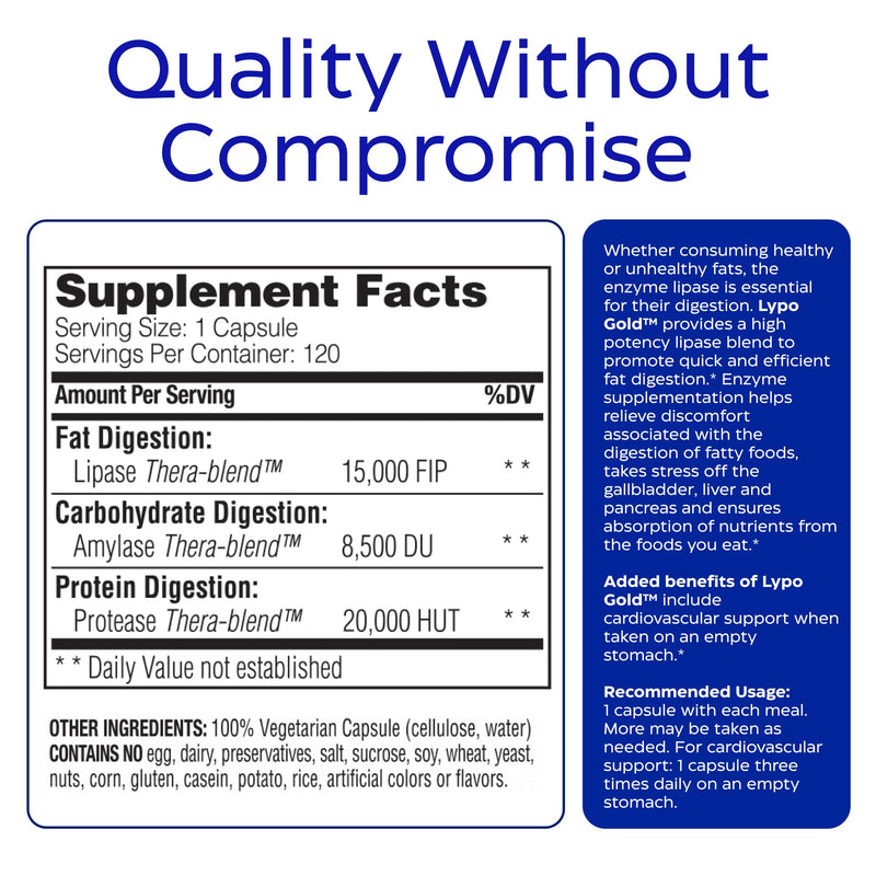 Enzymedica Lypo Gold - Protease, Amylase & Lipase Digestive Enzymes for Women & Men, Enzyme Supplement for Fat Digestion, Gut Health & Gallbladder Support, Helps Gas & Bloating, Gluten Free - 120 Caps 120 Count
