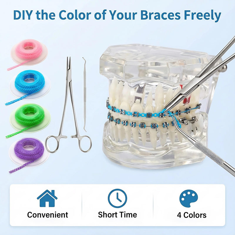 4 Rolls Power Chain for Braces with Changing Kit (Orthodontic Pliers and Probe), Continuous Rubber Braces Power chains, DIY Dental Braces Color Change at Home (Blue, Green, Pink, Purple) - BeesActive Australia