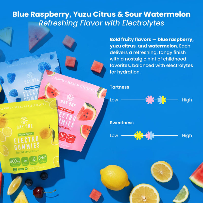 Day One Electrogummies Sour Pack - Citrus, Blue Raspberry & Watermelon Electrolyte Gummies for Runner, Athlete - Hydration Gummies with Electrolytes - Alternative to Powders, Tablets 180 Count 60 Count (Pack of 3)