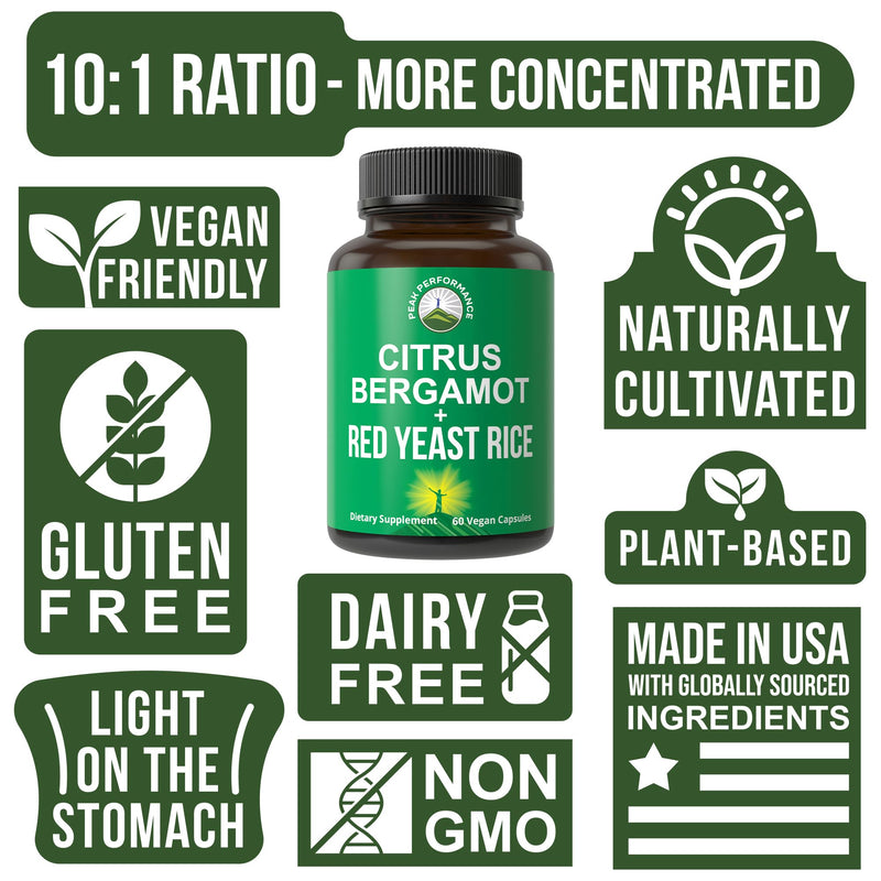 Citrus Bergamot + Red Yeast Rice. 2-in-1 Supplement. High Strength 10:1 Bergamot Extract. No Gluten, Zero Sugar, Vegan Capsules