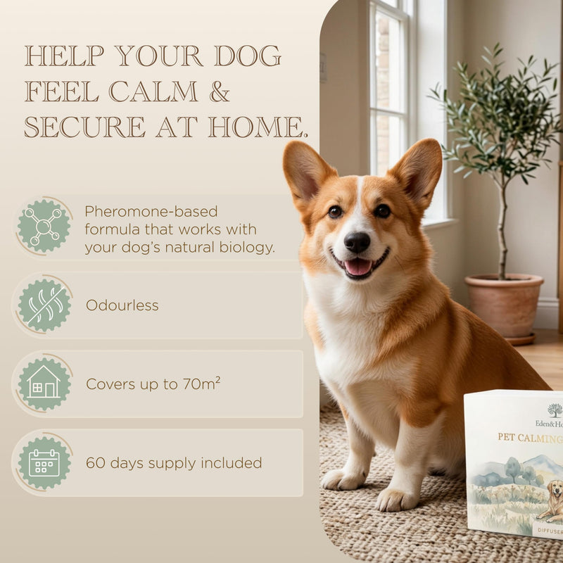 Eden & Hound Dog Calming Diffuser Starter Kit | Plug In Pheromone Diffuser for Dogs with 60 Day Refill | Helps Reduce Anxiety & Stress | Warm Ambient Night Light