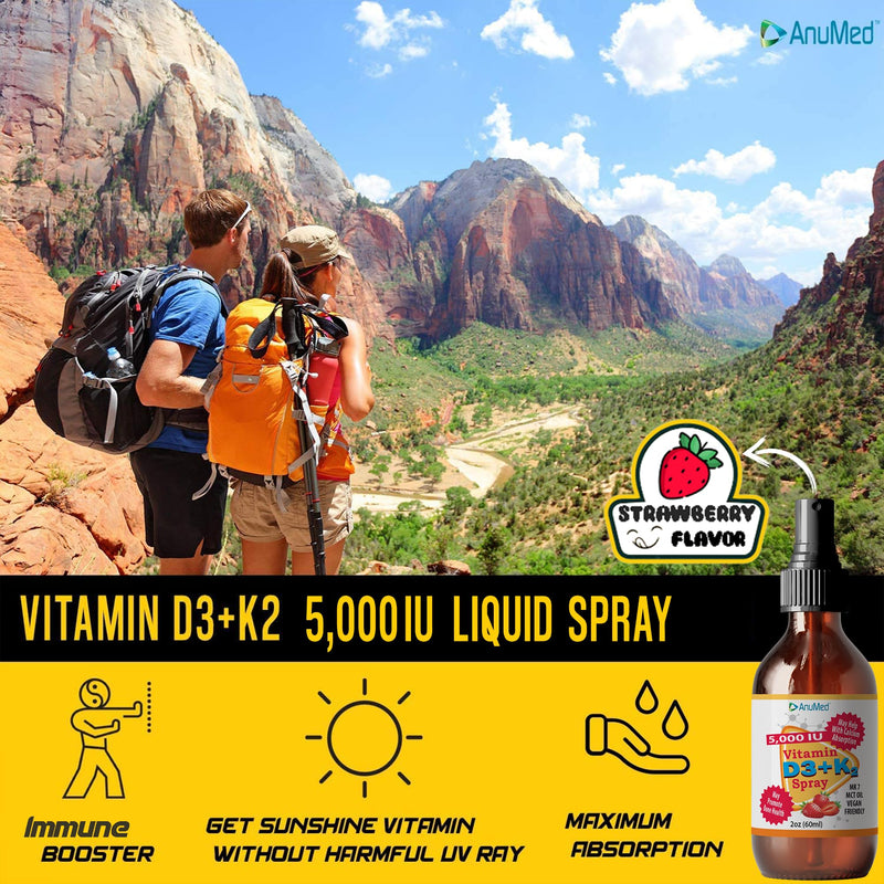 Vitamin D3 K2 5,000 IU Liquid Spray with Organic MCT Oil, Vitamin A (Retinol) 1250mcg, K2 (MK4, MK7) Promotes Heart, Bones, Immune System. 100% Vegan, Non-GMO, No Sugar Added (2oz) (Strawberry) Strawberry