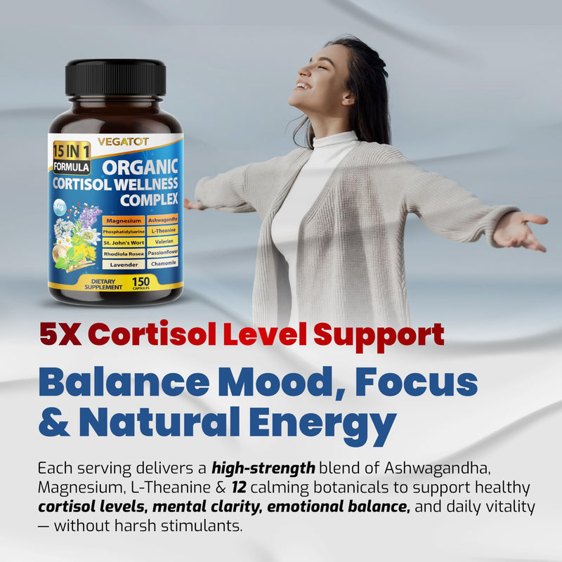 VEGATOT Organic Cortisol Wellness Complex 15-in-1 Formula with Magnesium Ashwagandha St. John's Wort Valerian Rhodiola Rosea Passionflower Chamomile 150 count (pack of 1)