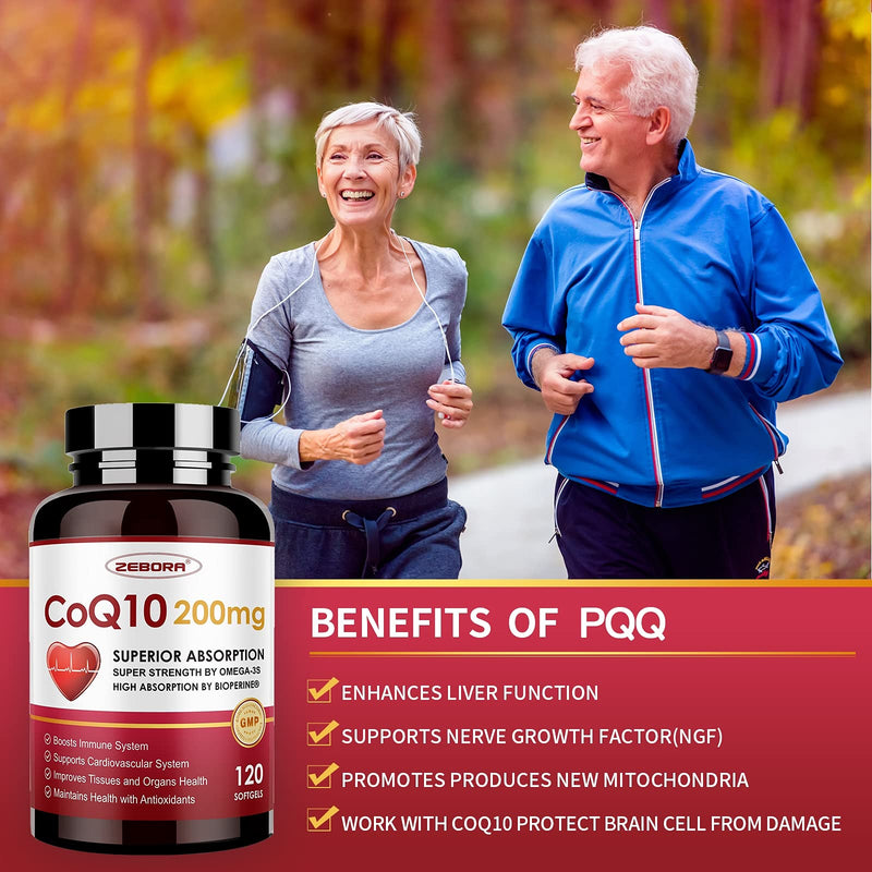 ZEBORA CoQ10-200mg-Softgels with PQQ, BioPerine & Omega-3, 120 Servings Coenzyme Q10(Ubiquinone) Supplement for High-Absorption, Powerful-Antioxidant, Support Heart & Energy-Production (Pack of 2) 120 Count (Pack of 2)