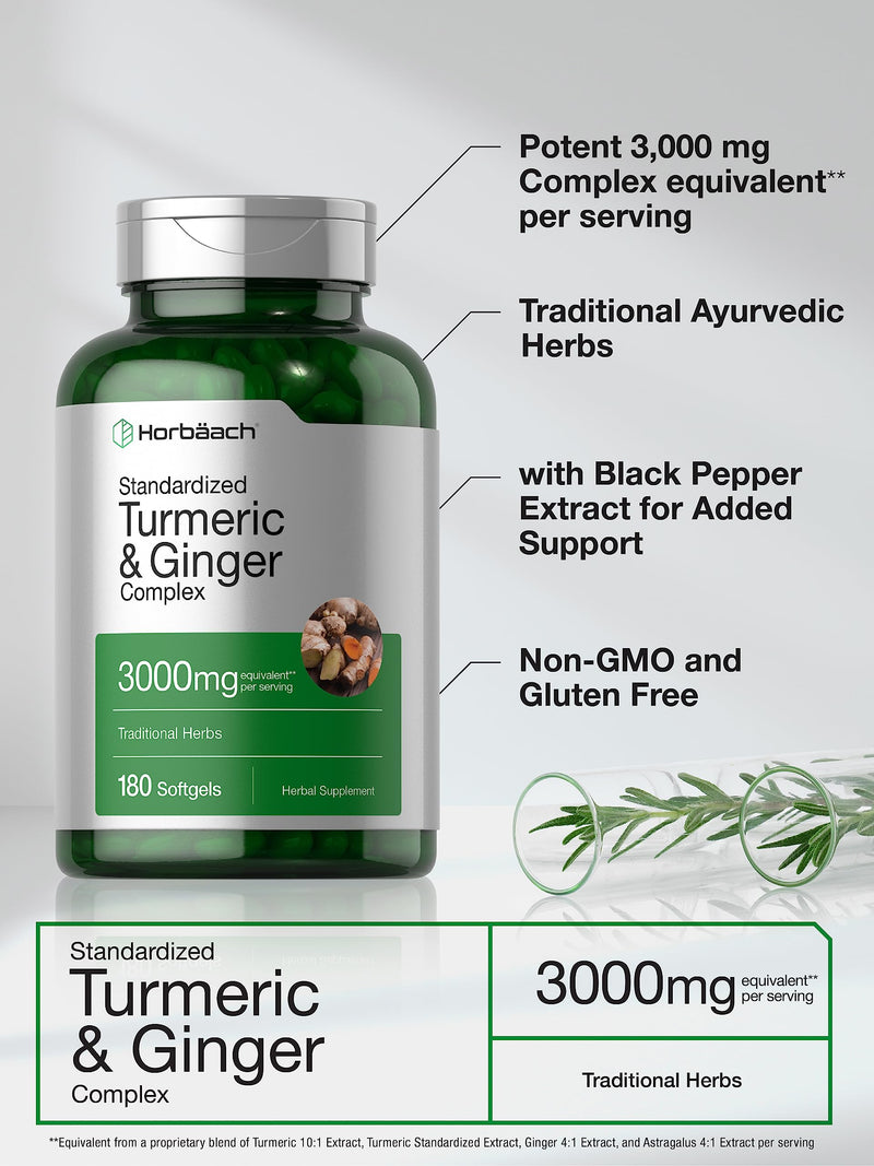 Horbäach Turmeric and Ginger Supplement | 3000 mg 180 Softgel Pills | with Black Pepper Extract | Non-GMO, Gluten Free Supplement - BeesActive Australia