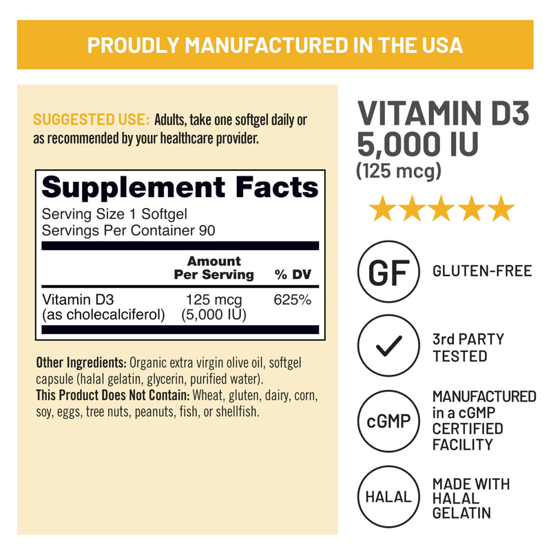 NatureWise Vitamin D3 5000IU Supplement, Immune Support, 90 Mini Softgels | Vitamin D 125 mcg - Organic Extra Virgin Olive Oil - Muscle & Bone Support - Gluten Free & USA Manufactured - 90-Day Supply 90 Count (Pack of 1) 5000 IU