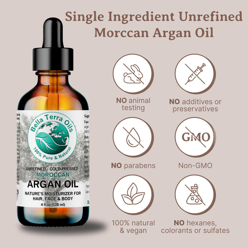 Bella Terra Oils - Argan Oil 2 oz - Cold-Pressed from Morocco, Rich in Vitamin E & Fatty Acids, Perfect Hair Oil Serum to Combat Frizz, Luxurious Face Oil 2 Fl Oz (Pack of 1)