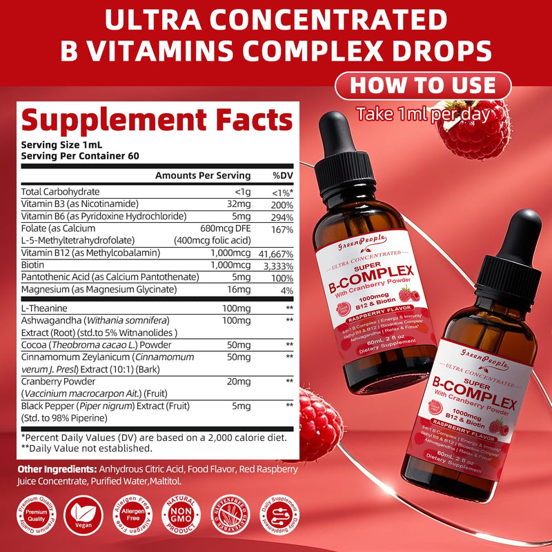 GREENPEOPLE Methylated Vitamin B Complex Liquid, Vegan, 2 Pack Raspberry | Methyl B12 & L-Methyl Folate with 6 Active B Vitamins, Magnesium, Ashwagandha for Energy Metabolism, Immune & Cognitive 2 Fl Oz (Pack of 2)