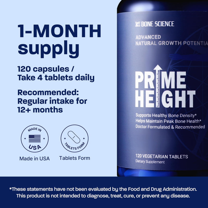 BONE SCIENCE PrimeHeight Bone & Immune Support, Calcium D3 K2, 120 Tablets | Vegan, non-GMO formula with calcium, vitamin D3, K2, magnesium and zinc for daily bone, immune and nutritional support needs