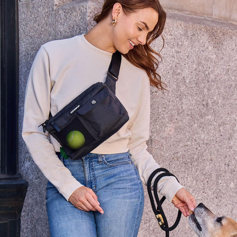 Dog Walk & Train Sling Bag - Hands-Free 2-In-1 Treat Pouch, Poop Bag Holder, Clicker, Phone Pocket - Crossbody/Fanny Pack, Adjustable Strap - Graphite - BeesActive Australia