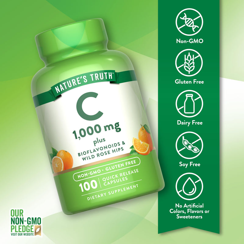 Nature's Truth Vitamin C 1000mg | 100 Capsules | with Wild Rose Hips & Bioflavonoids | Non-GMO & Gluten Free Supplement | with Wild Rose Hips & Bioflavonoids | Non-GMO & Gluten Free Supplement