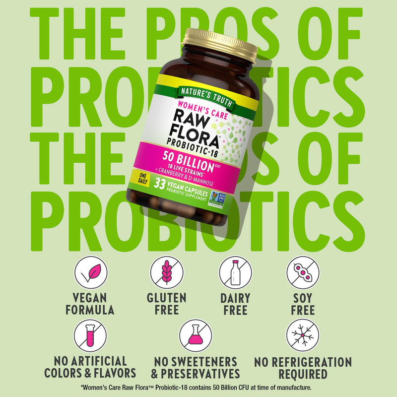 Raw Flora Probiotics for Women | 50 Billion CFU | 33 Capsules | with Cranberry and D-Mannose | Vegan, Non-GMO & Gluten Free Supplement
