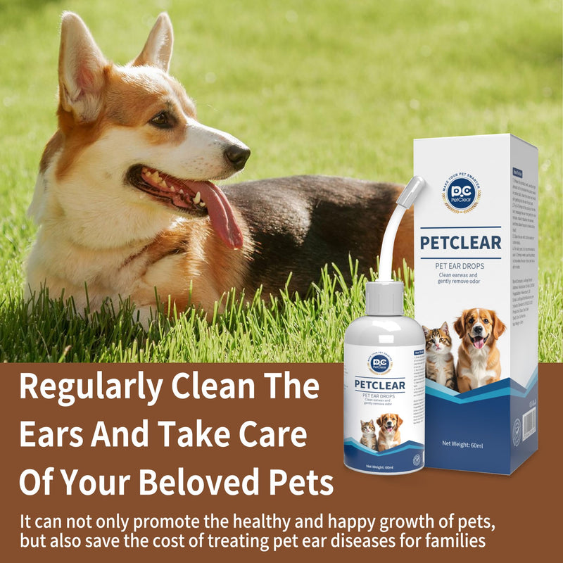 Ear Cleaner for Dogs and Cats, with Bendable Applicator, Non-Irritating, Dog Ear Cleaner Solution to Eliminates Ear Odour, Dirt and Debris, 60ml