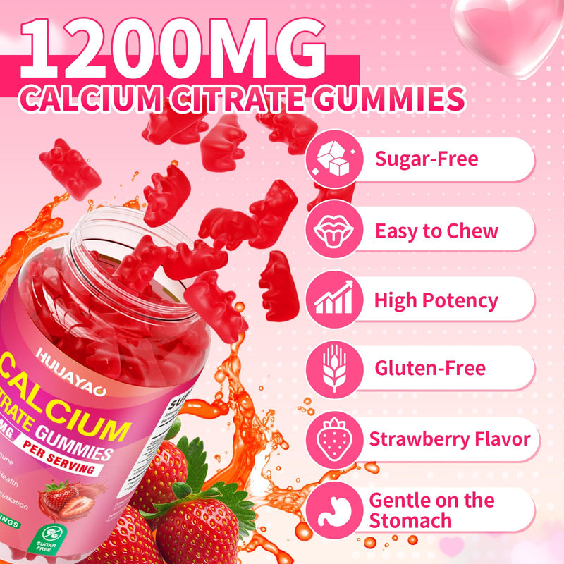 Calcium Citrate Gummies 1200mg, Chewable Calcium Supplements for Women & Men, High Absorption Calcium Gummies for Bone, Muscle & Immune Support, Sugar Free, Strawberry Flavor 60 Count 60 Count (Pack of 1)