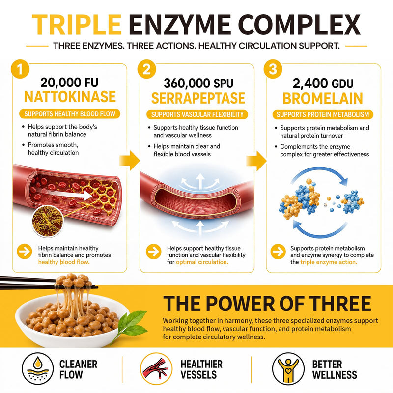 Nattokinase Supplement 20,000 FU, Triple Enzyme Complex with Serrapeptase & Bromelain, CoQ10, Vitamin K2, Turmeric, Botanical Extracts, Heart & Circulation Support, Healthy Aging,Non-GMO,240 Capsules