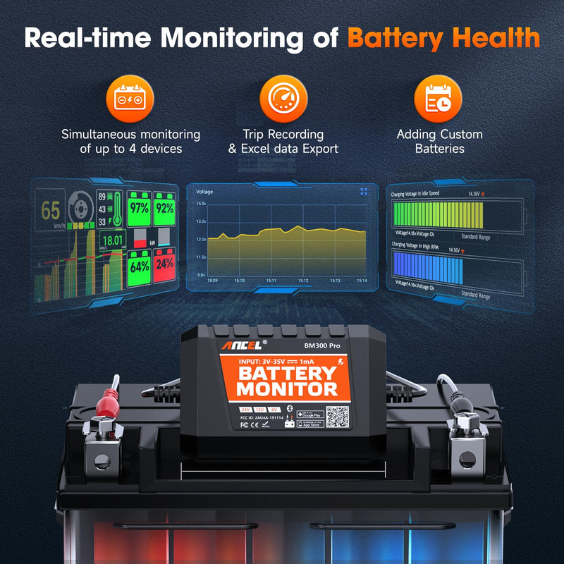 ANCEL BM300 Pro Battery Monitor - 6V/12V/24V Universal with Bluetooth 5.3 & Reinforced Design, Charging & Cranking Tests, Real-Time Alerts for Lead-Acid & Lithium Batteries in RV, Truck, Marine & More Orange