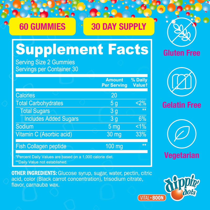 Dippin' Dots Collagen Supplements for Women, Vitamin C Gummies (60 Ct) | Strawberry Sunset Creme collagen gummies with Vitamin C support hair, skin, nails & immune health; no artificial colors. 60 Count (Pack of 1)