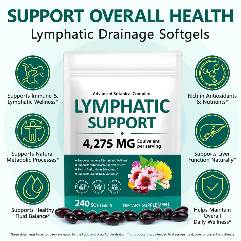 Lymphatic Drainage Supplements, 4275mg Herbal Blend for Immune and Fluid Health for Men Women,with Dandelion, Burdock Root, Echinacea, Turmeric,240 Softgels for Lymph System Balance (Pack of 2) 480 Count (Pack of 1)