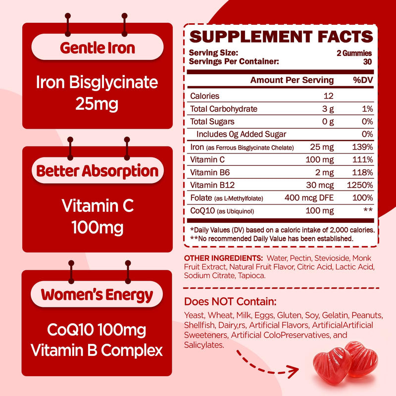 Iron Bisglycinate with Vitamin C for Women, Ferrous Bisglycinate Gummies | Ferrous Bisglycinate with Vitamin C, CoQ10, Gentle Iron Supplement for Energy Support, High Absorption, Sugar Free 60 ct 1