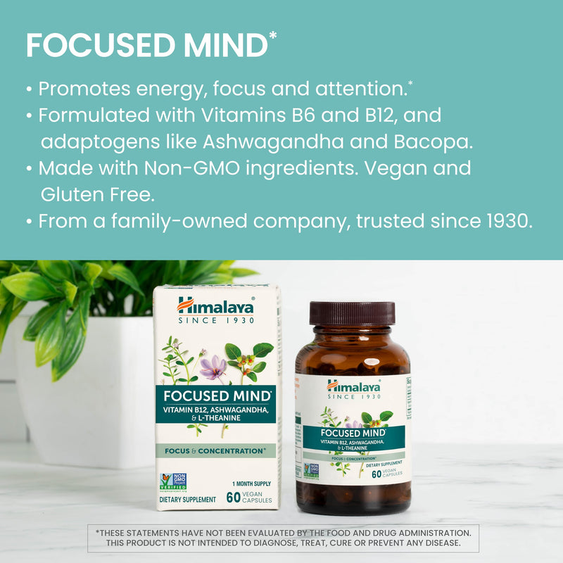 Himalaya Focused Mind Supplement with L-theanine & Vitamin B12, 60 Capsules | Focus & Energy Support with herbs like Ashwagandha & Bacopa for Attention, Brain Supplements for Memory & Focus, Gluten Free