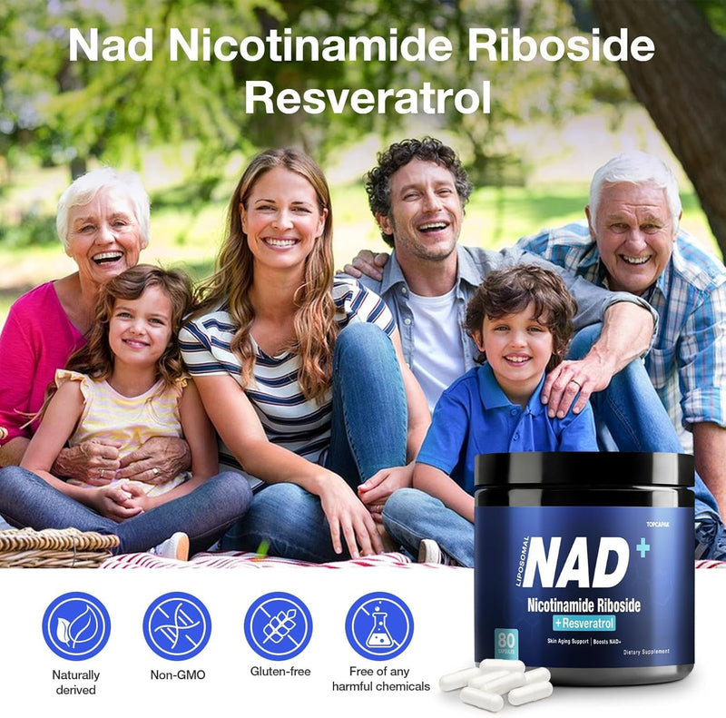 NAD+ Supplement - NAD Nicotinamide Riboside Resveratrol, Liposomal NAD+ Supplement 1000mg for for Women & Men - Healthy Aging, Brain and Cellular Energy, Non-GMO, 80 Capsules
