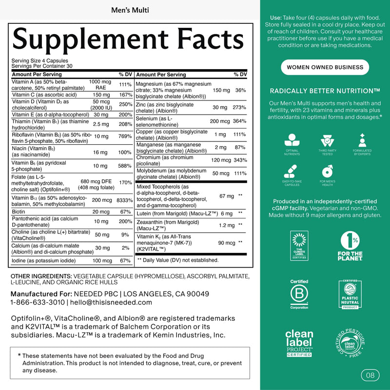 Needed. Multivitamin for Men, Men's Fertility Supplement, 30 Day Supply | 25 Optimal Nutrients For Fertility & Men's Health, Mens Multivitamin with Vitamin D3 2000IU, B12 Vitamins, 200 MCG Selenium