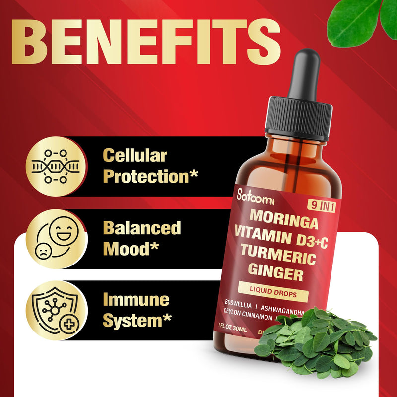 9in1 Moringa Liquid Drops with Vitamin D3-C, Ceylon Cinnamon, Ashwagandha, Ceylon Cinnamon, Bitter Melon and More - Immune System - 1 FL Oz - 30 Day Supply