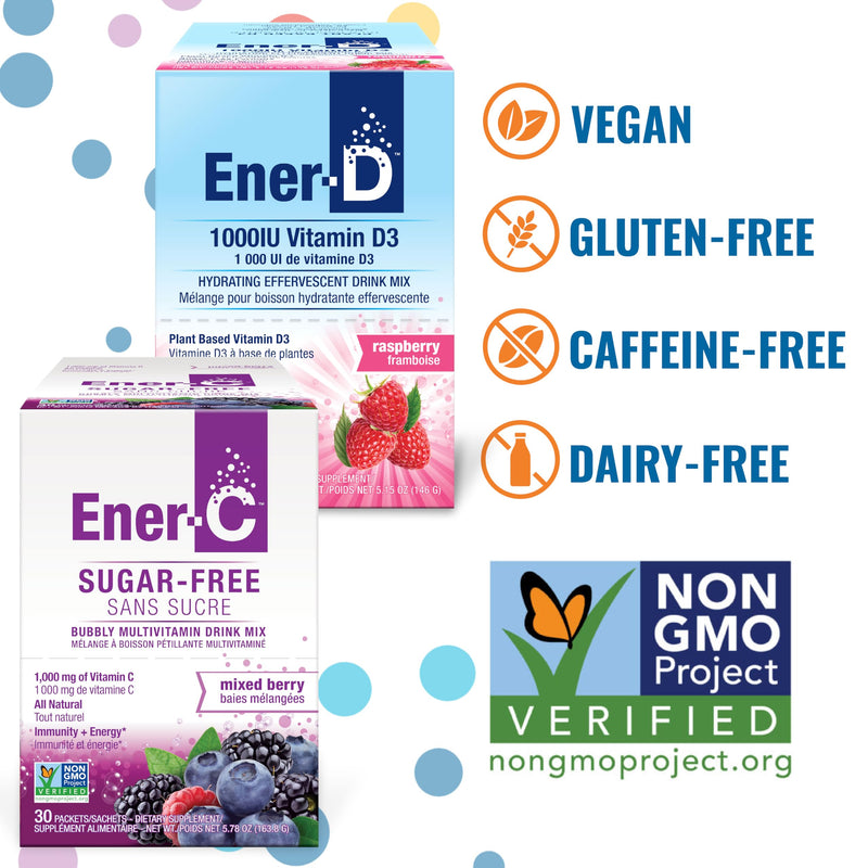 Ener-C Mixed Berry & Ener-D Raspberry Multivitamin Drink Mix, 54 Count | Vitamin Powder for Water, Electrolytes Powder, Hydration Boost Packets, Zero Sugar, Vitamin C & D3 60 Count (Pack of 1)