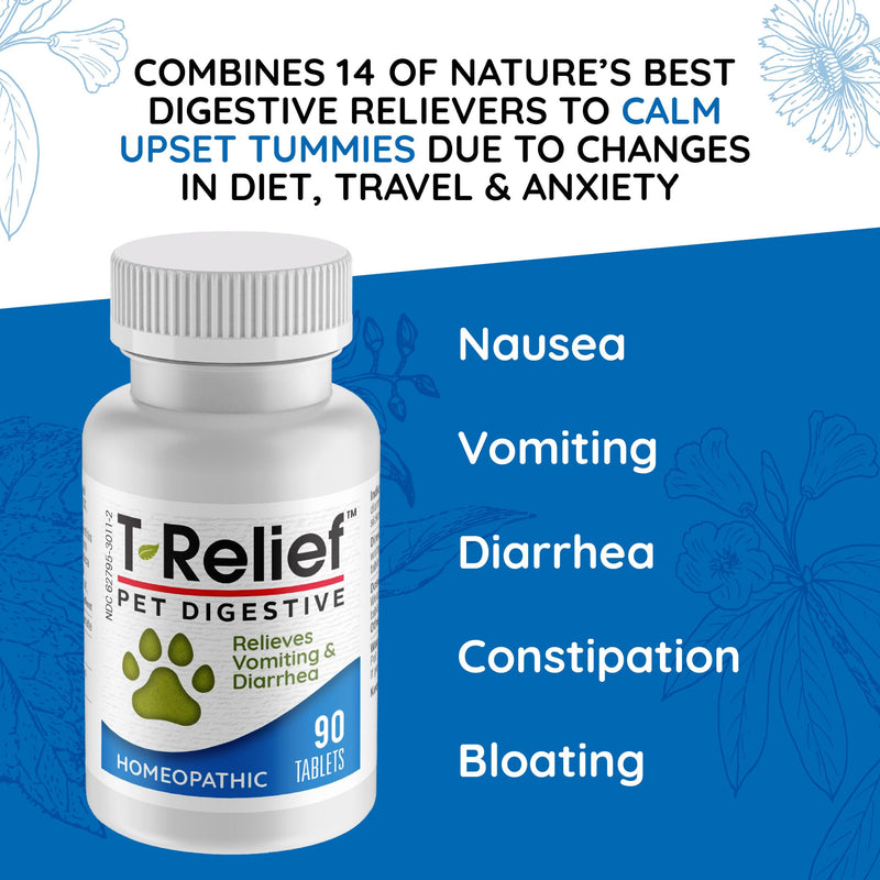 T-Relief Pet Digestive Complete GI Relief for Dog & Cat Soothing Aloe + 13 Natural Homeopathic Actives Help Calm Nausea & Diarrhea from Mild Illness Food Stress or Motion Sickness - 90 Tablets - BeesActive Australia
